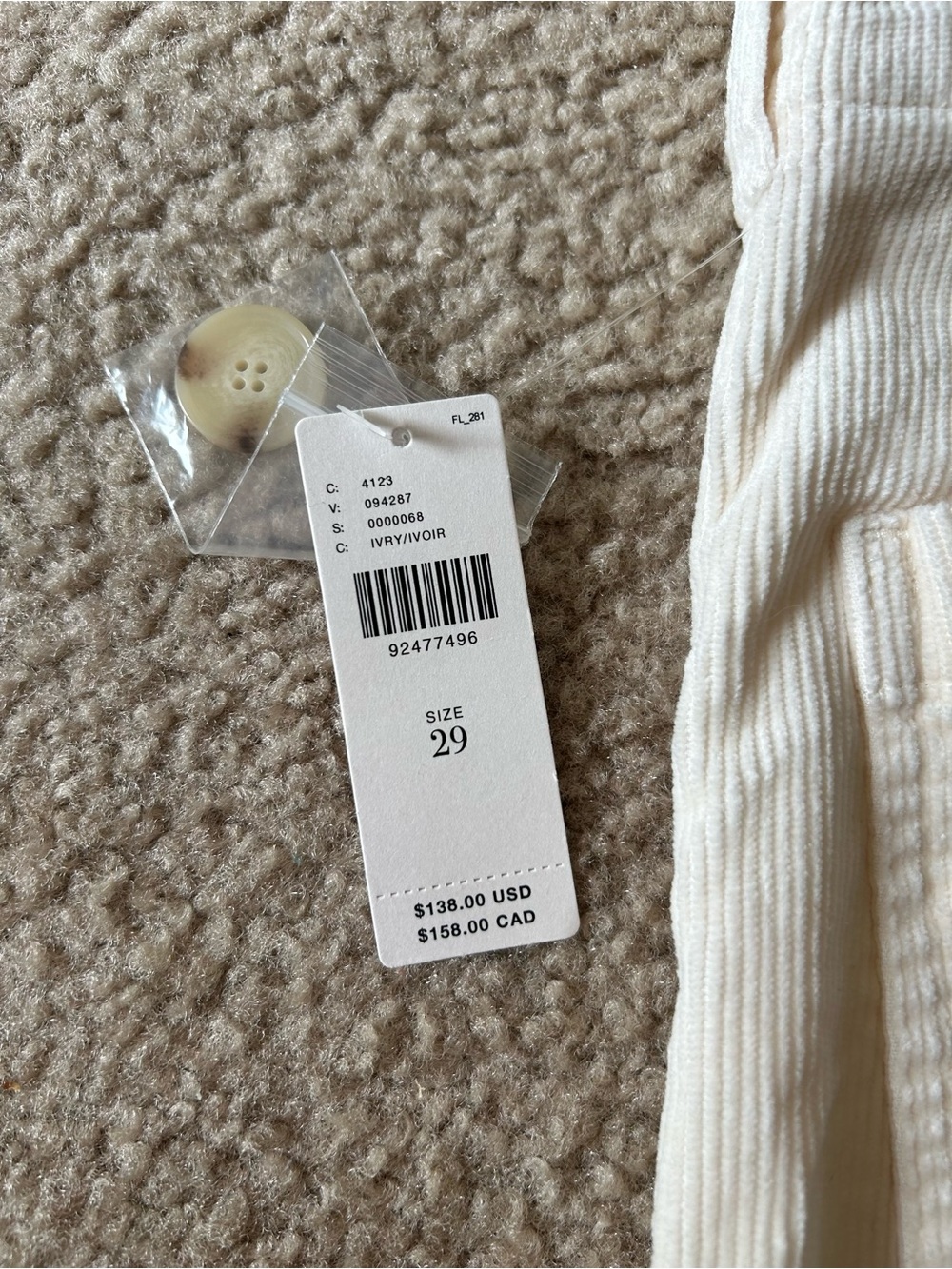 Anthropologie Maeve Colette Corduroy Wide-Leg Cropped Ivory Size 29 - Picture 7 of 7